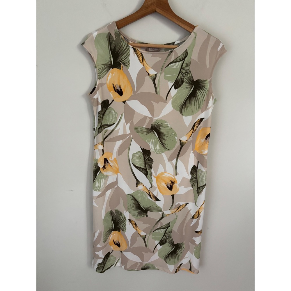 Chicos Floral Calla Lily Shift Dress Tan Green Yellow Size 0 small Sleeveless